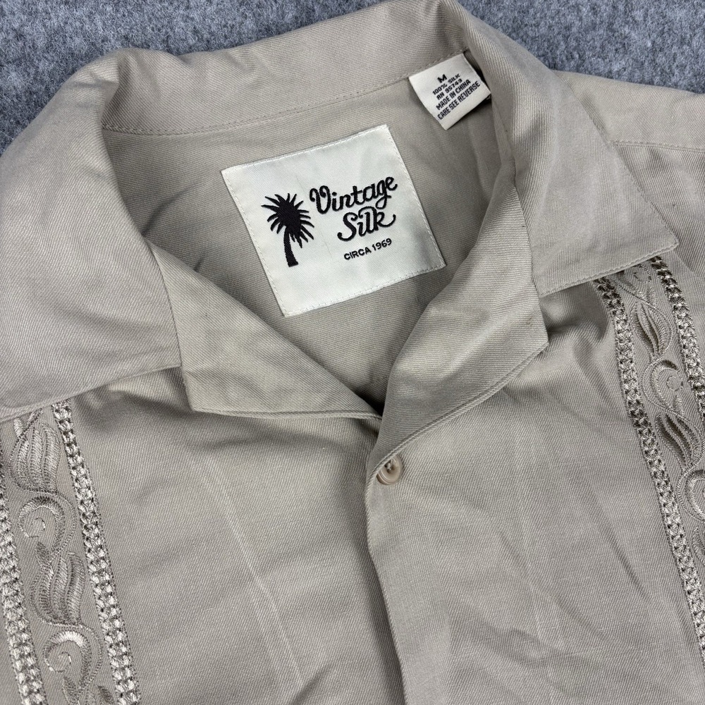 Vintage Silk Circa 1969 Shirt Mens Medium Tan Silk Camp Shirt‎ Embroidered 90's